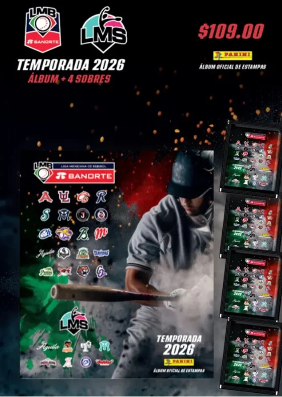Album Liga Mexicana de Beisbol 2026 Pasta Suave + 4 sobres de estampas